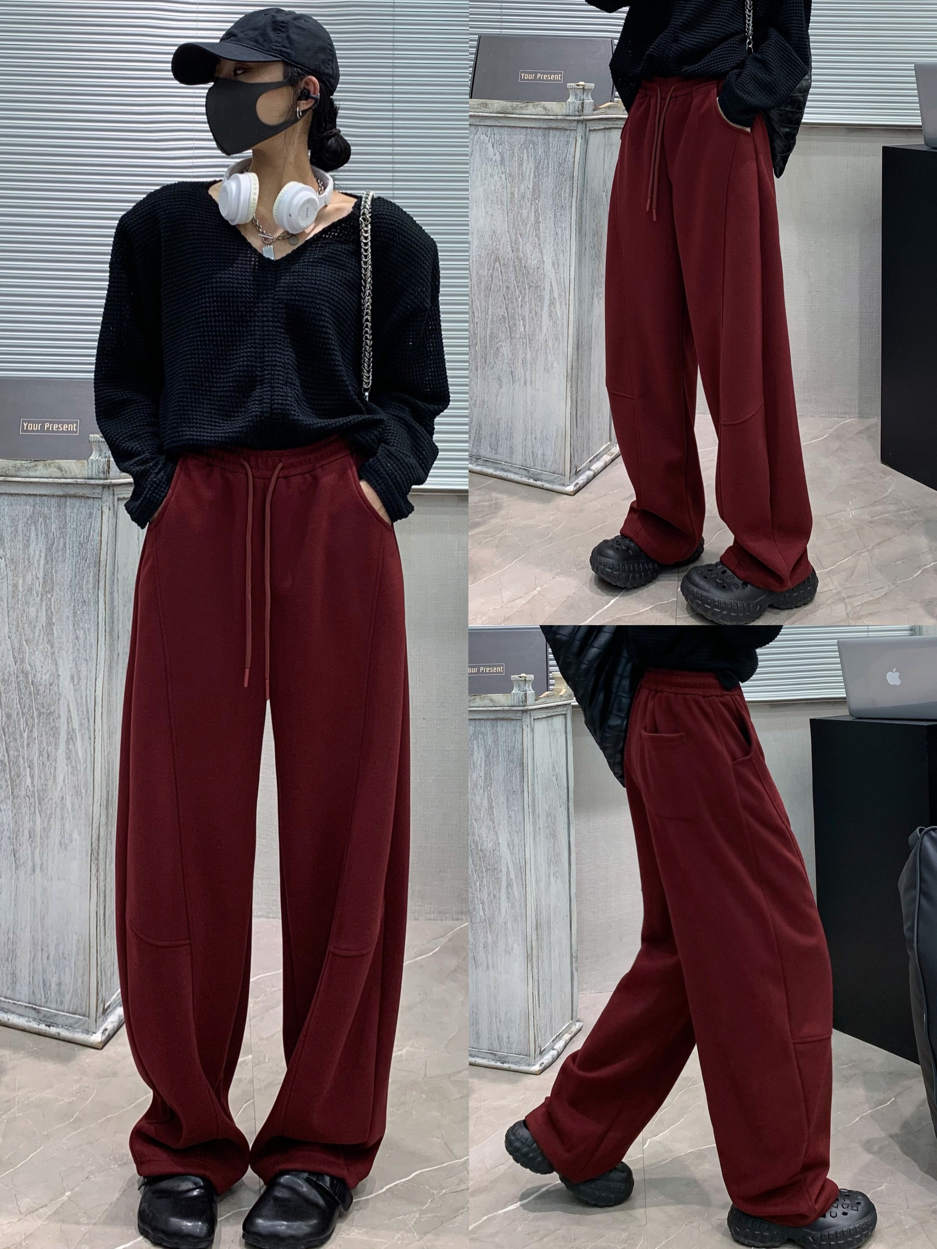 womens casual polyester wide leg joggers loose fabric sweatpants solid color long length with shearling waist with drawstring for weekend details 7