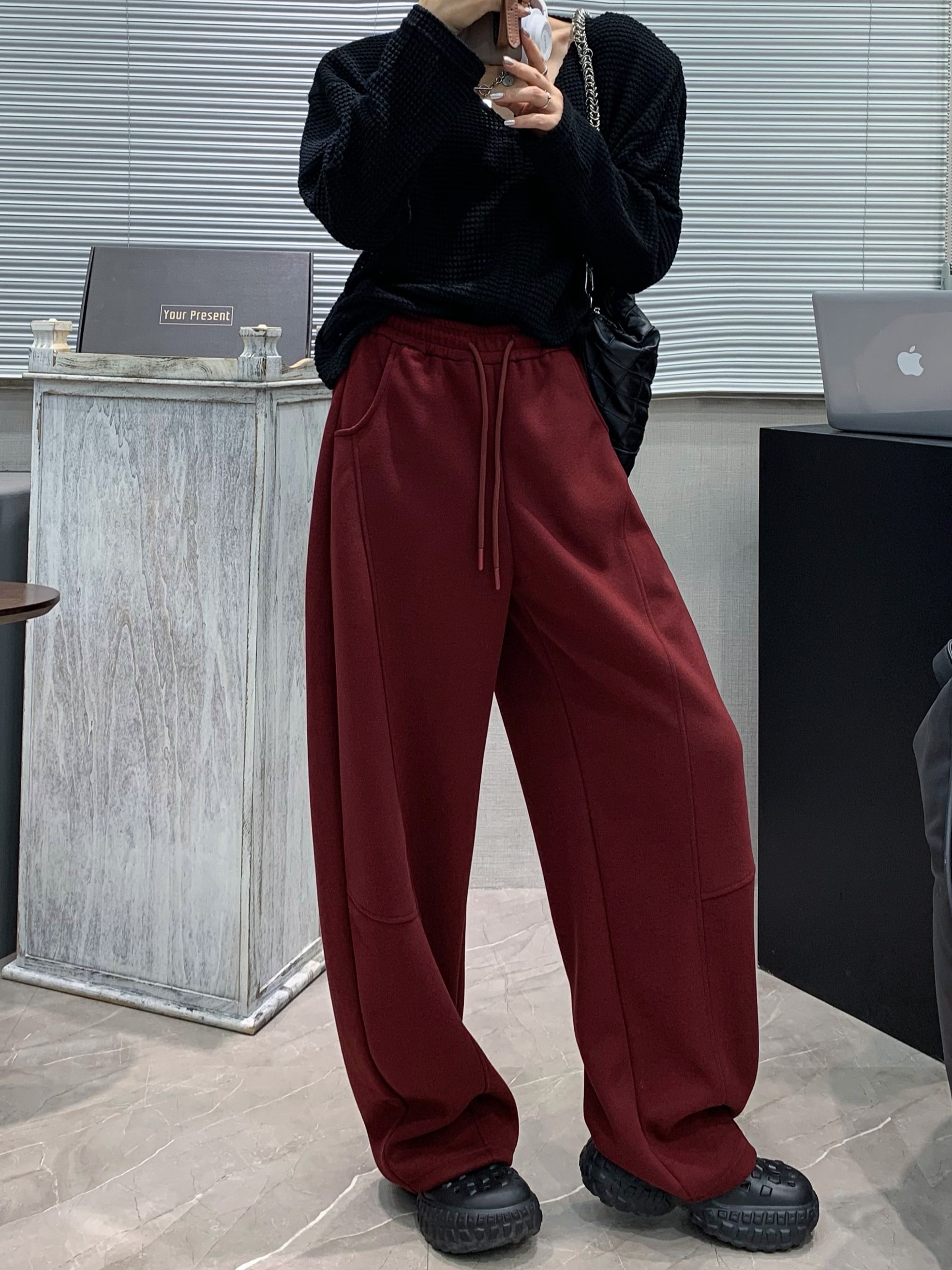 womens casual polyester wide leg joggers loose fabric sweatpants solid color long length with shearling waist with drawstring for weekend details 9