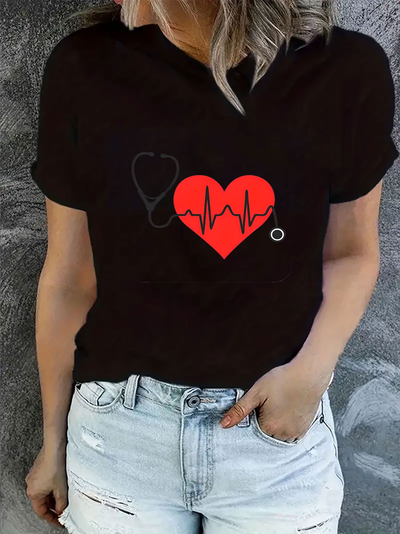 Women s Breathable Polyester T-Shirt with Stethoscope & - Casual Crew Neck, Short Sleeve, Machine Washable - Perfect Gift for Her details 0