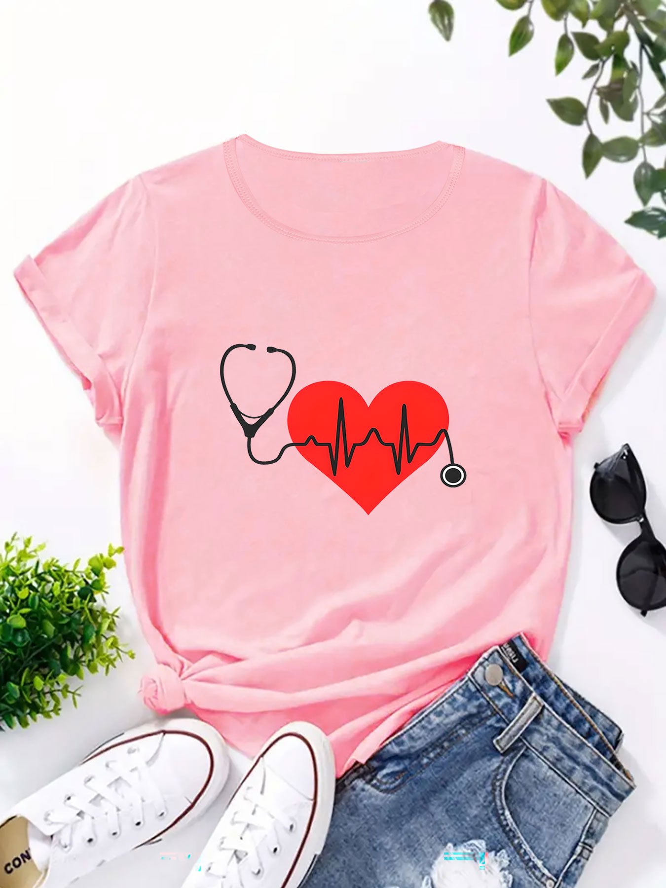 Women s Breathable Polyester T-Shirt with Stethoscope & - Casual Crew Neck, Short Sleeve, Machine Washable - Perfect Gift for Her details 1