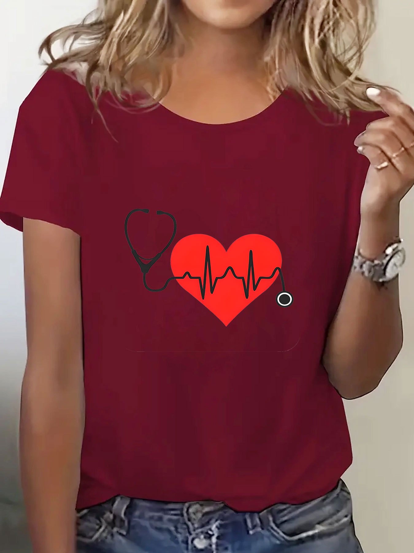 Women s Breathable Polyester T-Shirt with Stethoscope & - Casual Crew Neck, Short Sleeve, Machine Washable - Perfect Gift for Her details 4