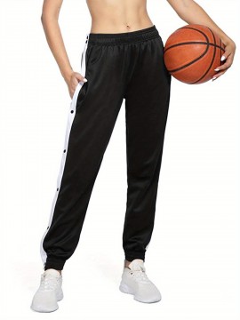 Women's High-Waist Joggers with Side Split - Casual Color Block, Buttoned Detail, Polyester, All-Season Fitness Pants