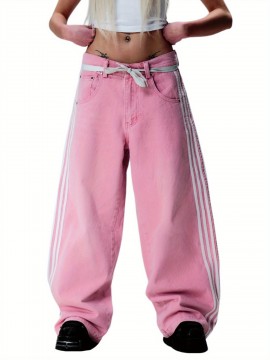 1pc Women'S Casual Wide Leg Faux Denim Pants with Striped Print, Cotton Loose Fit Trousers with Front Tie Bow Detail for Work Office Streetwear - All Seasons