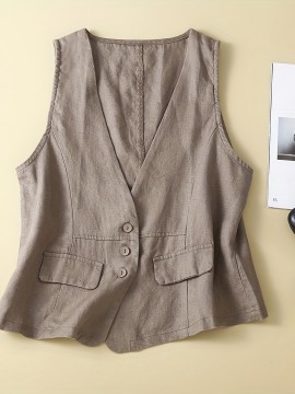 1pc Women'S Plus Size Casual Linen V-Neck Sleeveless Vest - Solid Color Knit Fabric Button-Down Leisure Tank Top