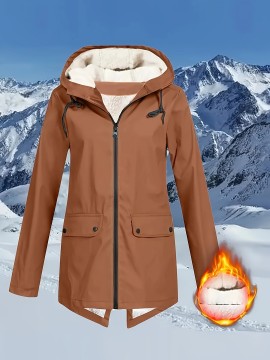 Plus Size Plush Lined Hooded Coat, Casual Long Sleeve Zipper Warm Coat For Winter, Women's Plus Size Clothing
