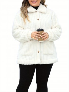 Plus Size Women'S Winter Jacket, Casual Lapel Collar, Cotton Blend, Slight Stretch, Solid Color, Reversible Plush Long Sleeve Cardigan Coat for Outwear Streetwear