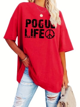 Plus Size Casual Crew Neck T-Shirt with POGUL LIFE Peace Sign Graphic, Polyester Knit Fabric with Slight Stretch, for Women, All-Season Comfort